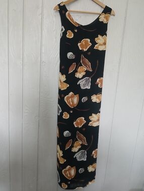 Vintage Black Floral Maxi Dress Tie Back Siméquanone Size 38 T Medium *